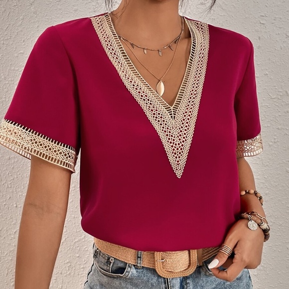 Bohemian Royal Blue V neck Lace Solid Minimalist Blouse - Picture 8 of 13